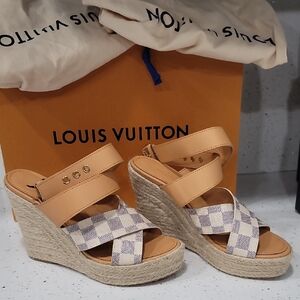 Louis Vuitton Tan and Cream Wedge Sandals